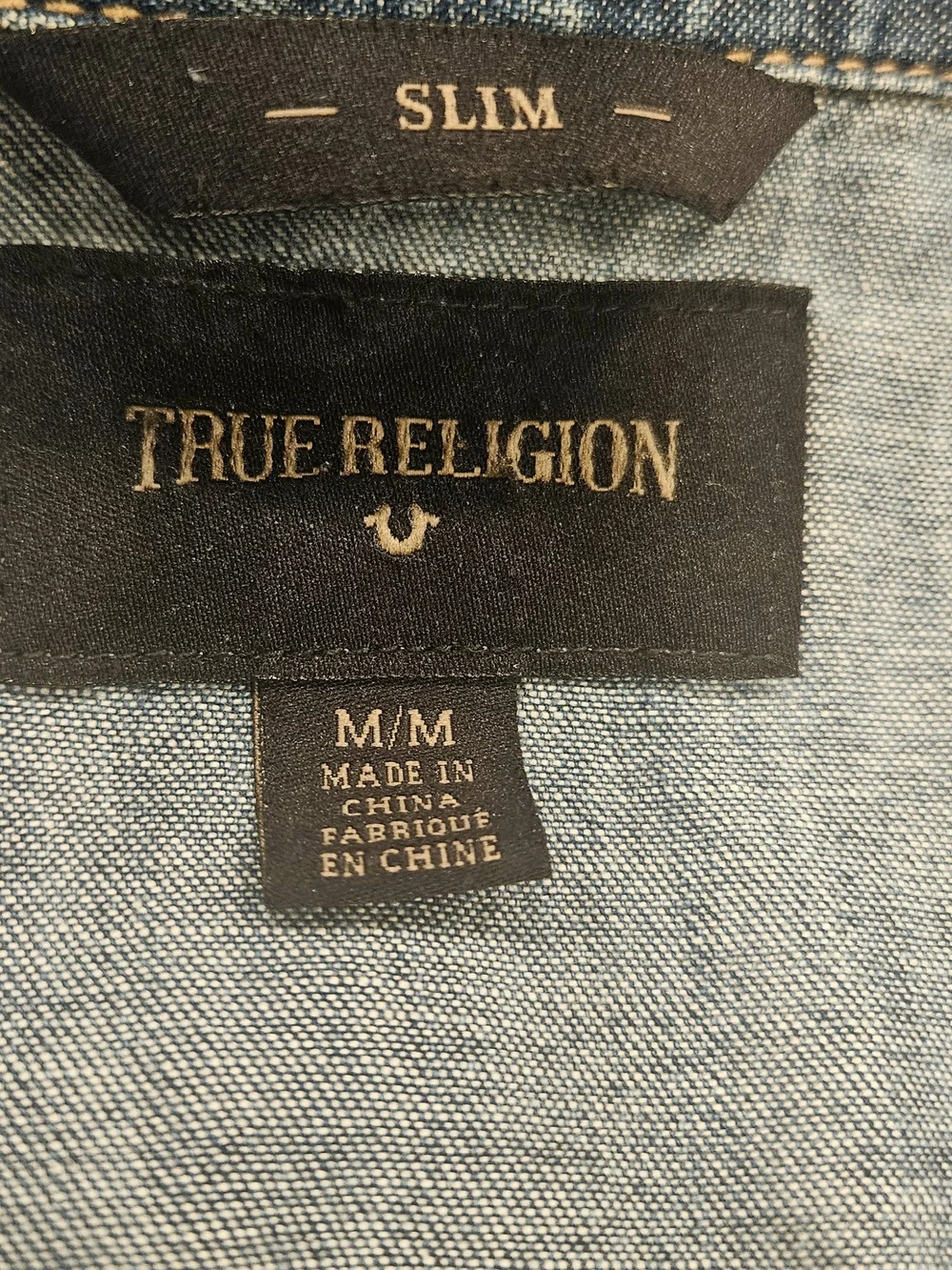 True Religion Blue Patchwork Denim Shirt Slim Fit- Men M